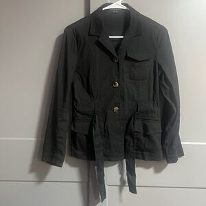 Theory Caprine Tie Waist Linen Blend Lightweight Utility Jacket Black 6 (US M)